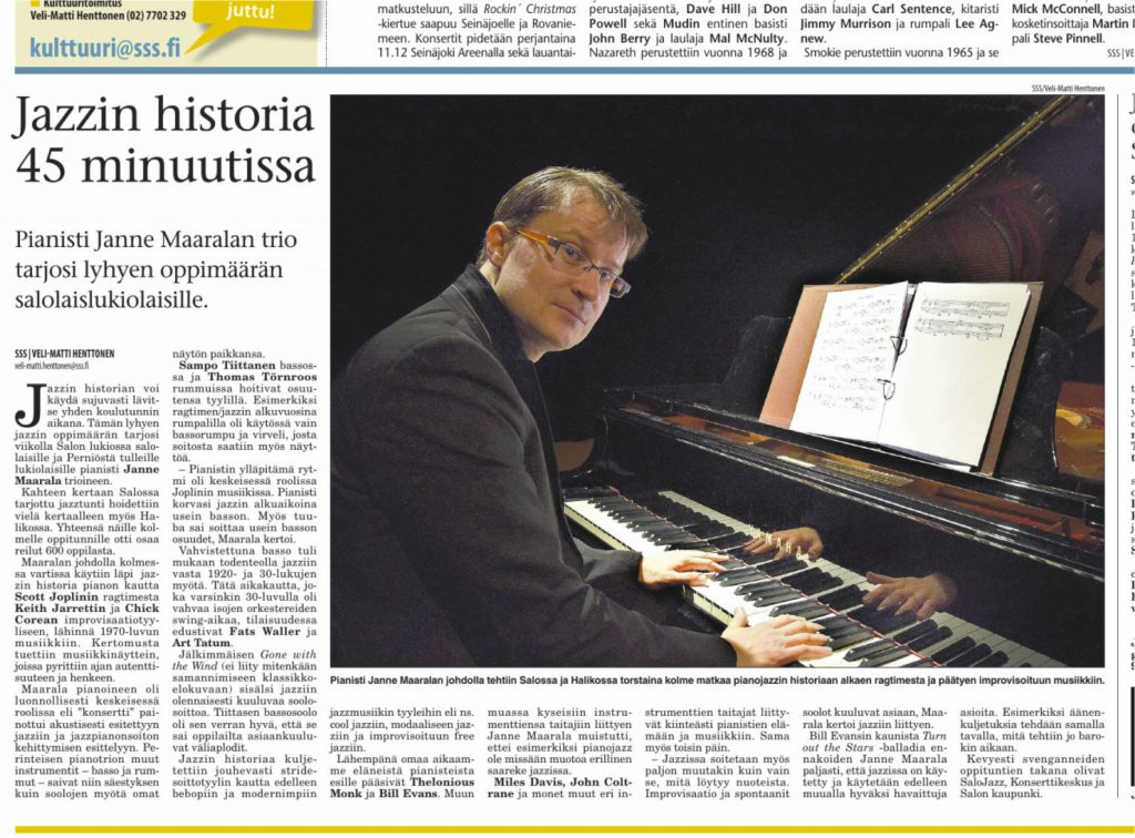 Pianisti Janne Maarala Trio Jazzin historia 45 minutissa Salon Seudun Sanomat