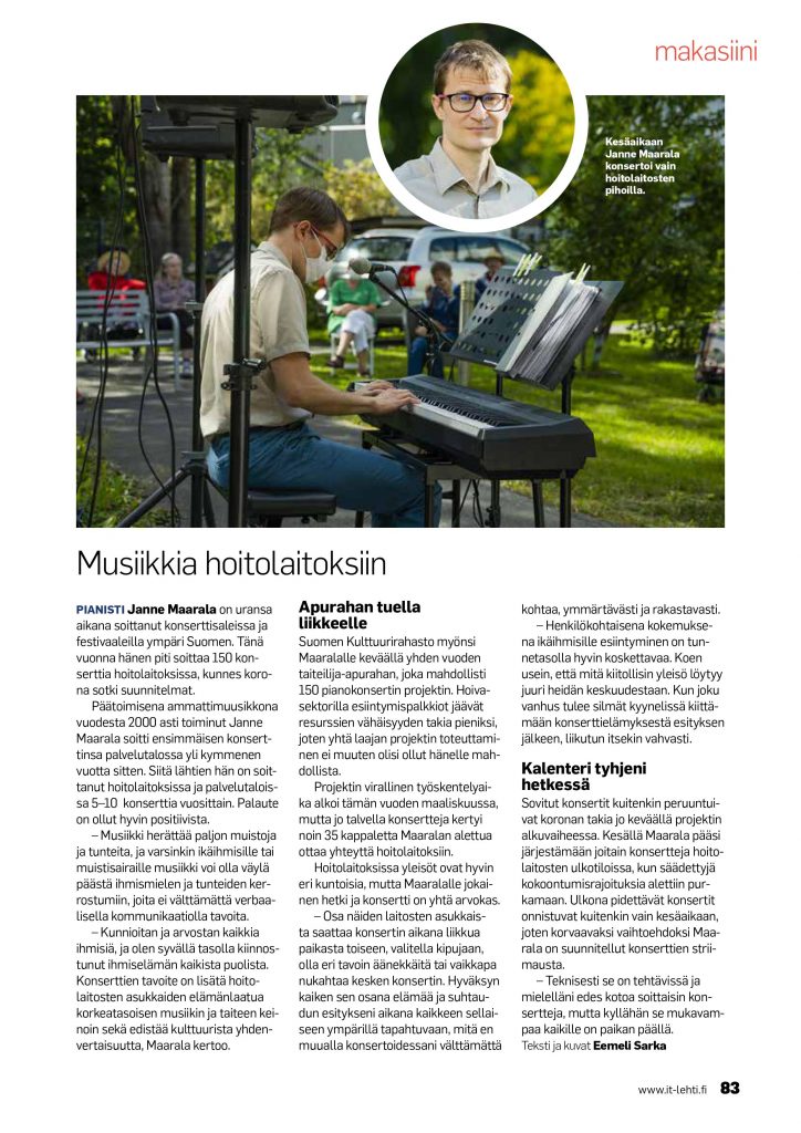 Pianisti Janne Maarala musiikkia hoitolaitoksiin IT Invalidiliitto lehdessä